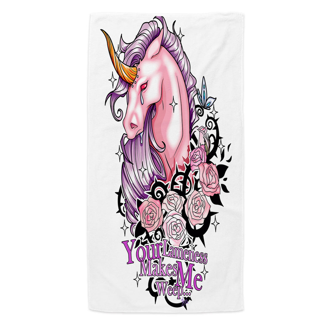 Purplish Roses and Unicorn Rudicorn Cool Quote Beach Towels