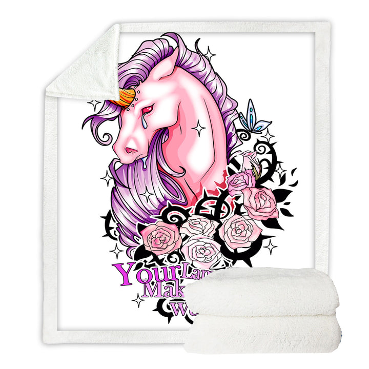 Purplish Roses and Unicorn Rudicorn Cool Quote Unique Throws