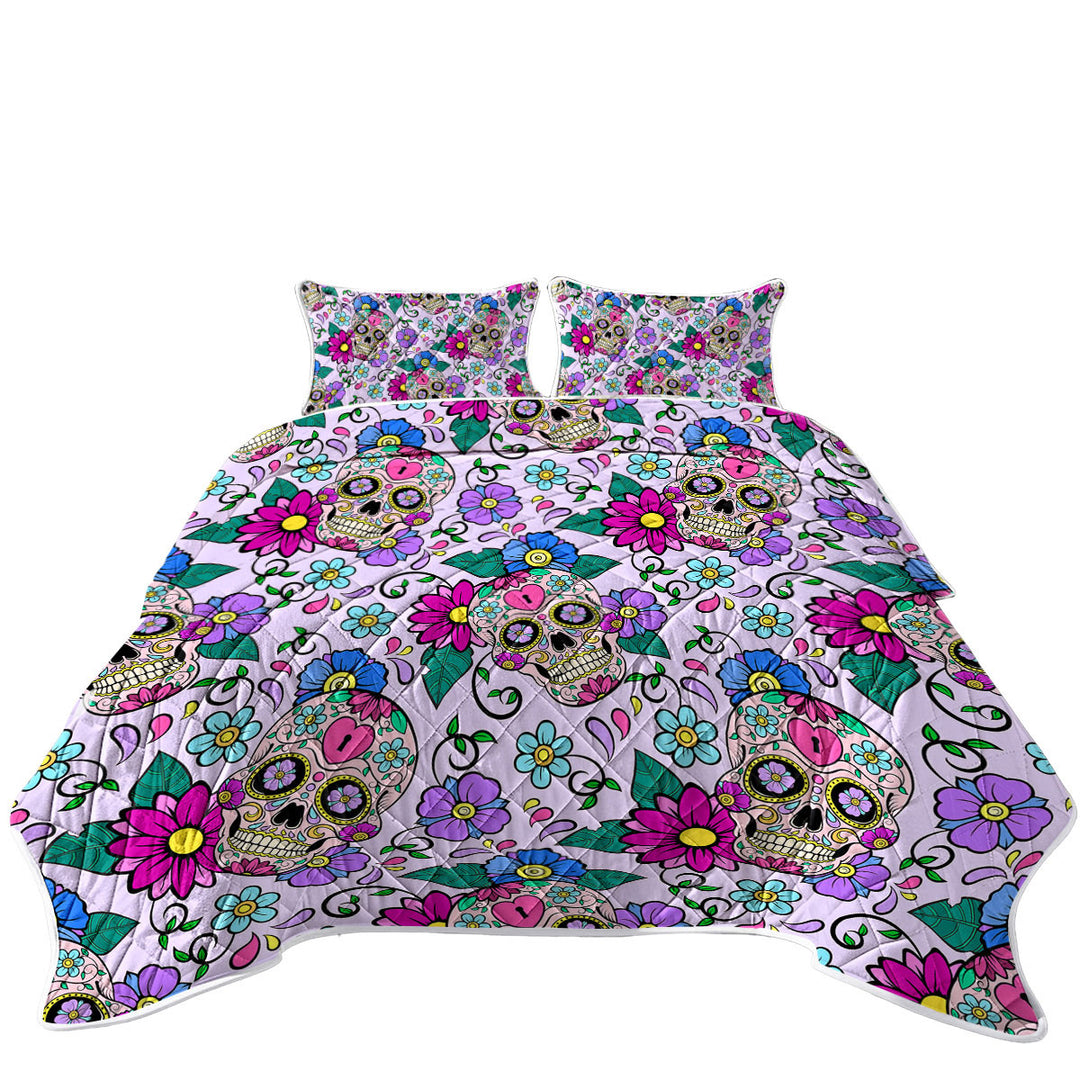 Purplish Sugar Skulls and Flowers Coverlet