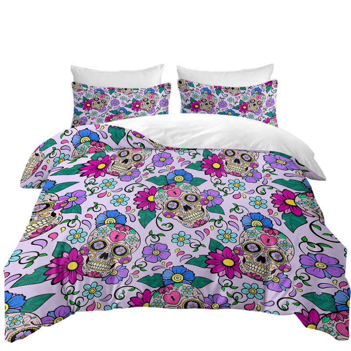 Purplish Sugar Skulls and Flowers Duvet Cover Queen