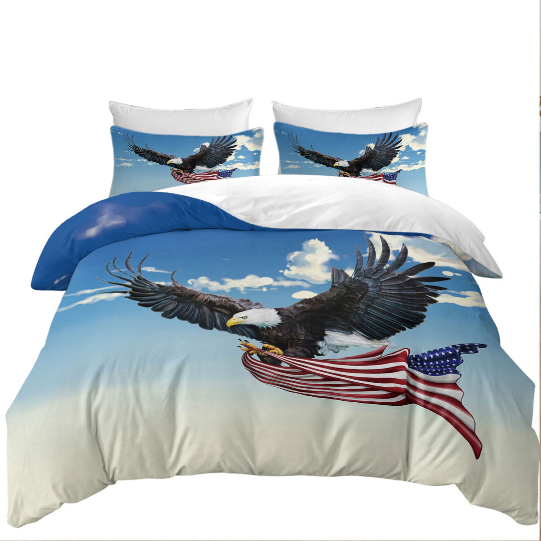 Queen Size Duvet Cover with American Eagle Holding a USA Flag