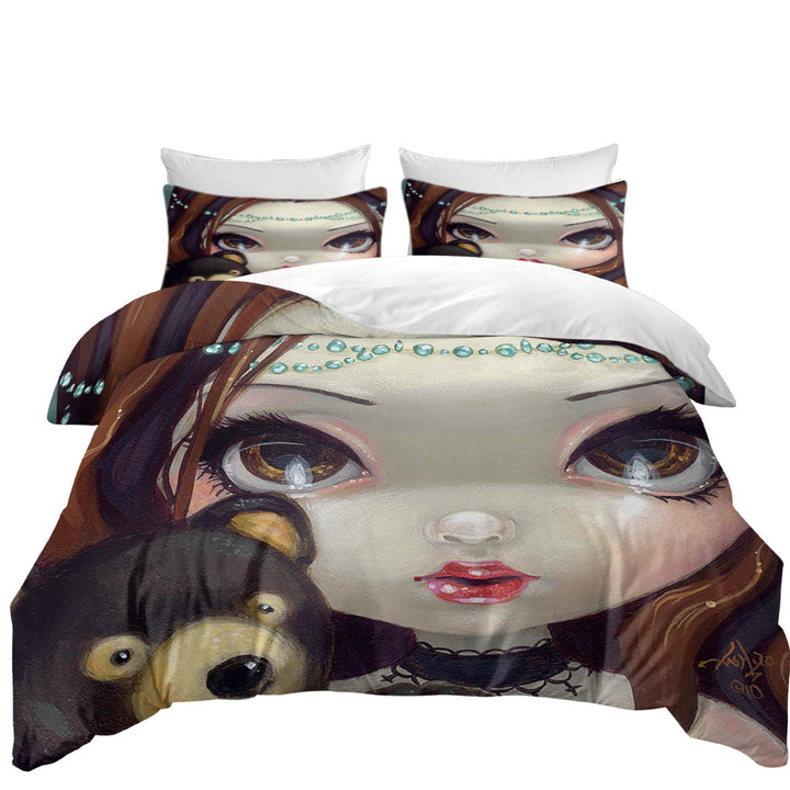 Queen Size Duvet Cover with Faces of Faery _69 Princess Girl with Teddy Bear