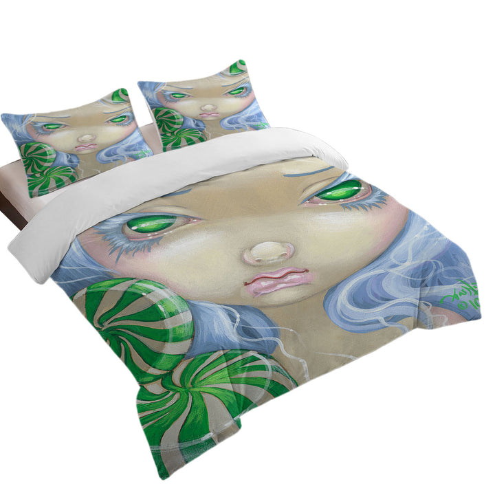 Queen Size Duvet Cover with Faces of Faery _85 Green Girl with Peppermint Candy