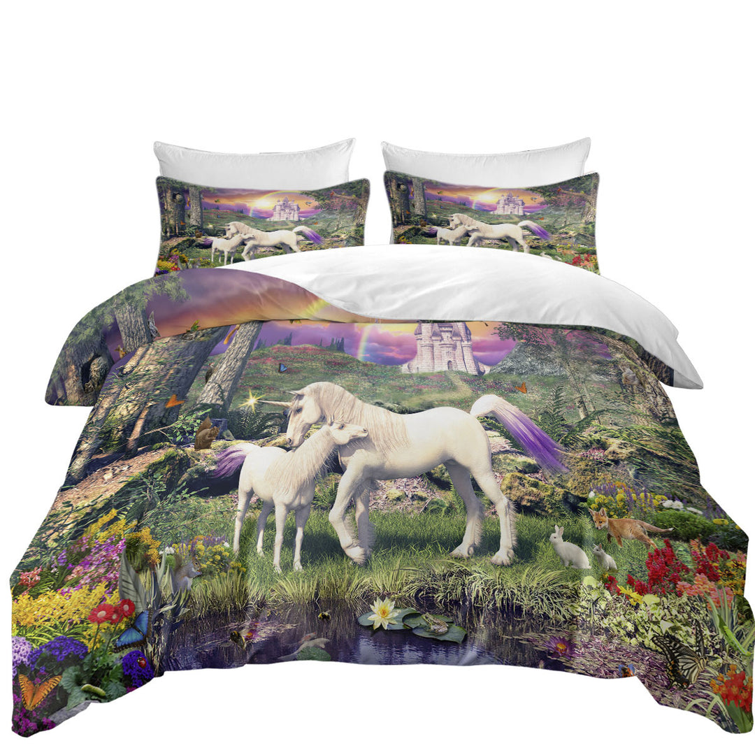 Queen Size Duvet Cover with Magical Forest the Sanctuary of the Unicorns