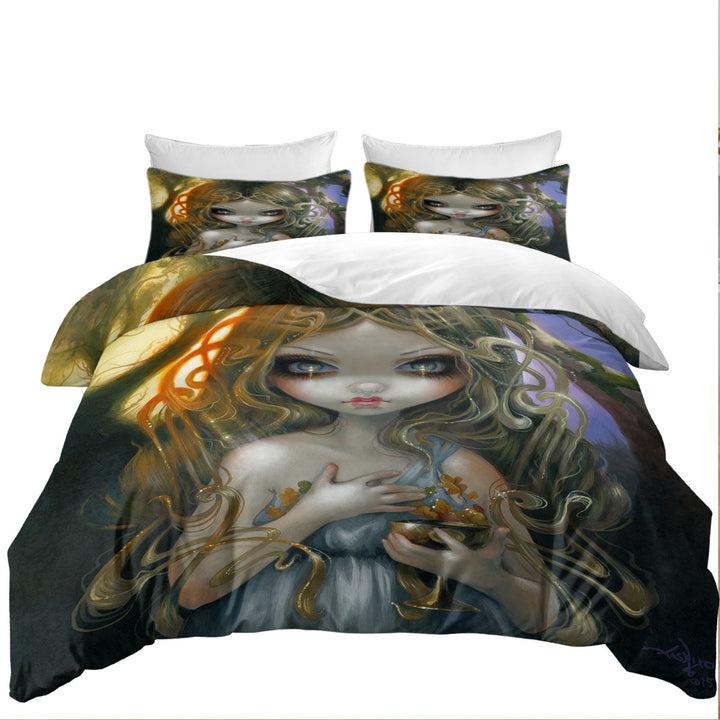 Queen Size Duvet Cover with Oaken Mead Magical Fairy Maiden with Witchy Chalice