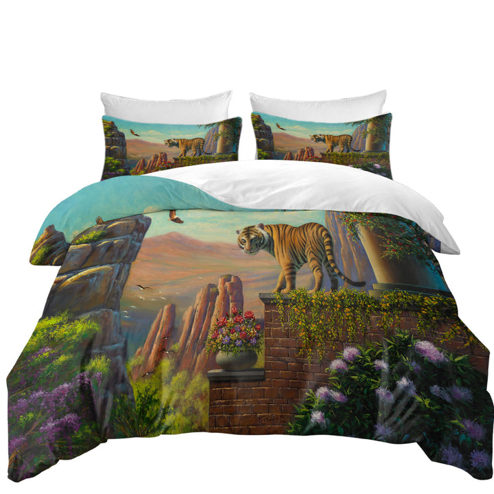 Queen Size Duvet Cover with Painting of Tiger on Floral Terrace