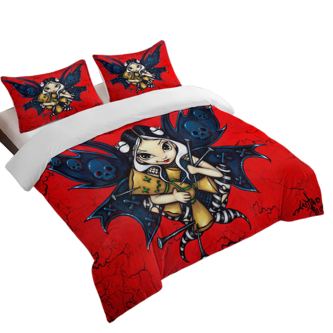 Queen Size Duvet Cover with Skull Wings Mischievous Fairy Voodoo