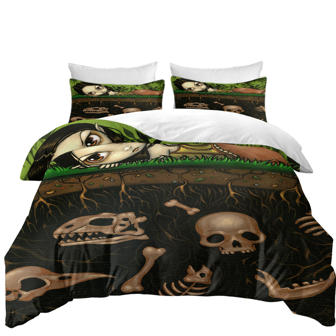 Queen Size Duvet Cover with Strange Forest Girl and the Bones in The Ground