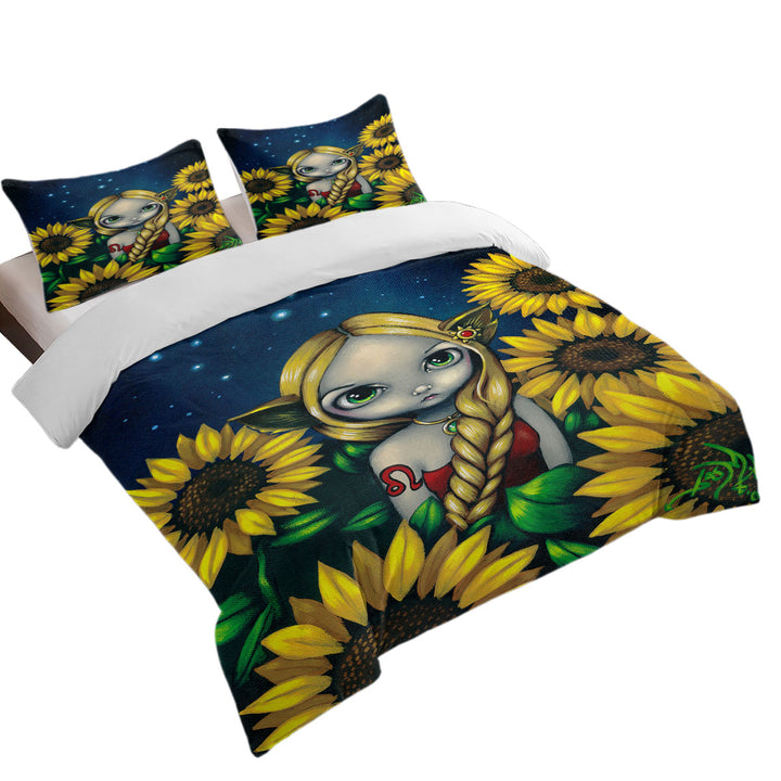 Quilt Cover Sets with Cool Zodiac Art Leo Sunflower Night Elf Girl