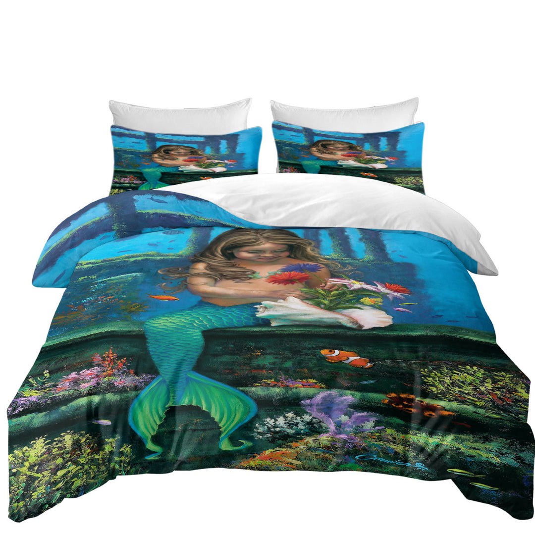 Quilt Cover Sets with Cute Girl Mermaid and Underwater Flowers