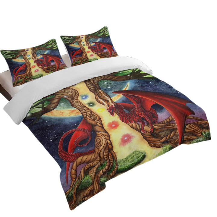 Quilt Cover Sets with Fantasy Art Morning vs Night Tree and Red Dragon