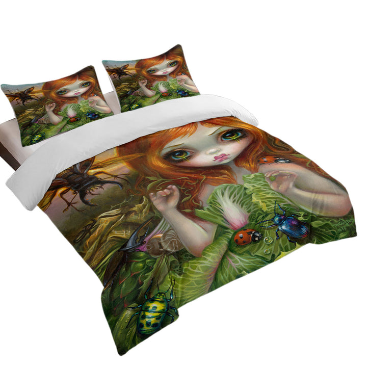 Quilt Cover Sets with Insectarium Beautiful Red Haired Girl and Beetles