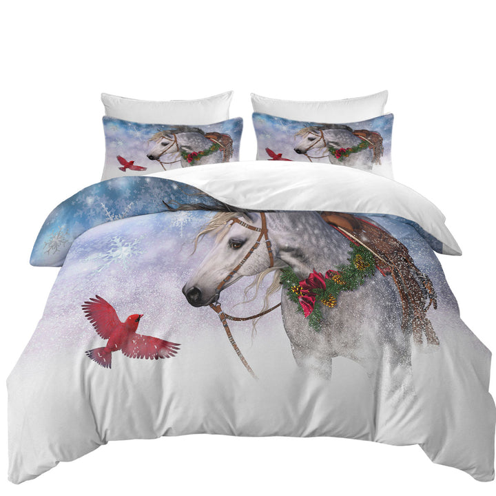 Quilt Cover Sets with Snowy Christmas with Red Bird and White Horse