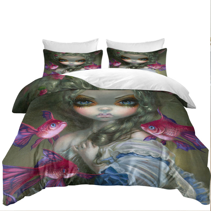 Quilt Cover with Beautiful Girl and the Pink Fish Butterflies