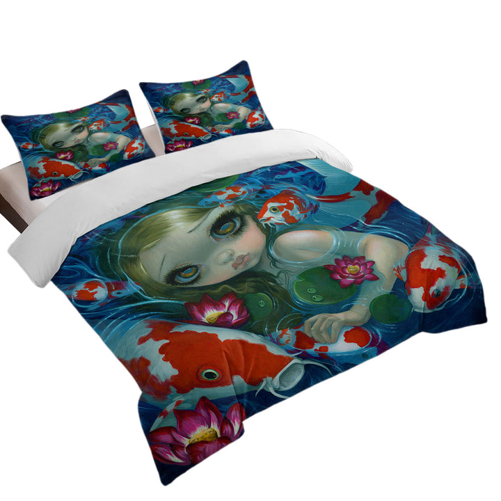 Quilt Cover with Cool Fantasy Art Swimming with Koi Mermaid