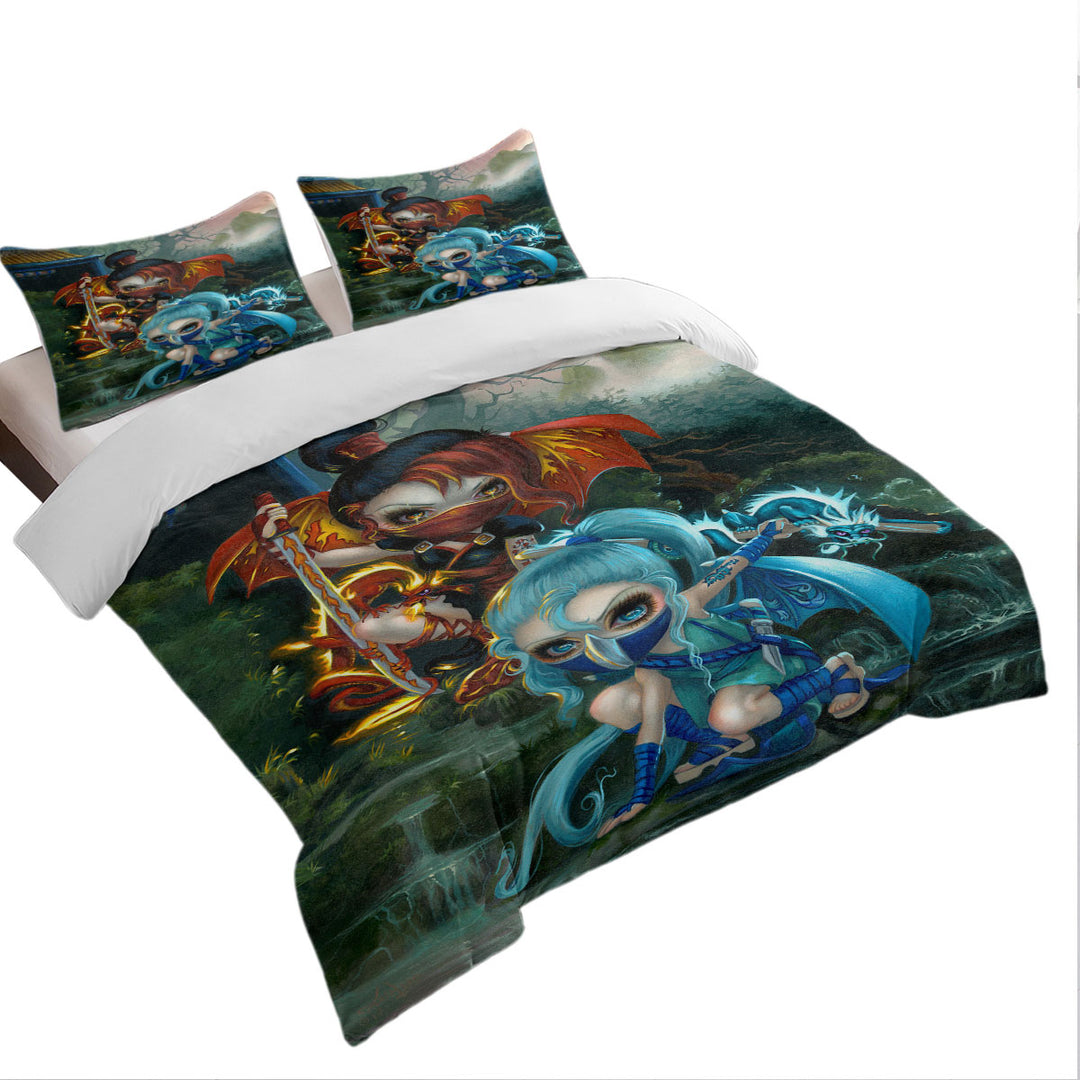 Quilt Cover with Cool Ninja Dragonlings Fire and Water Ninjas