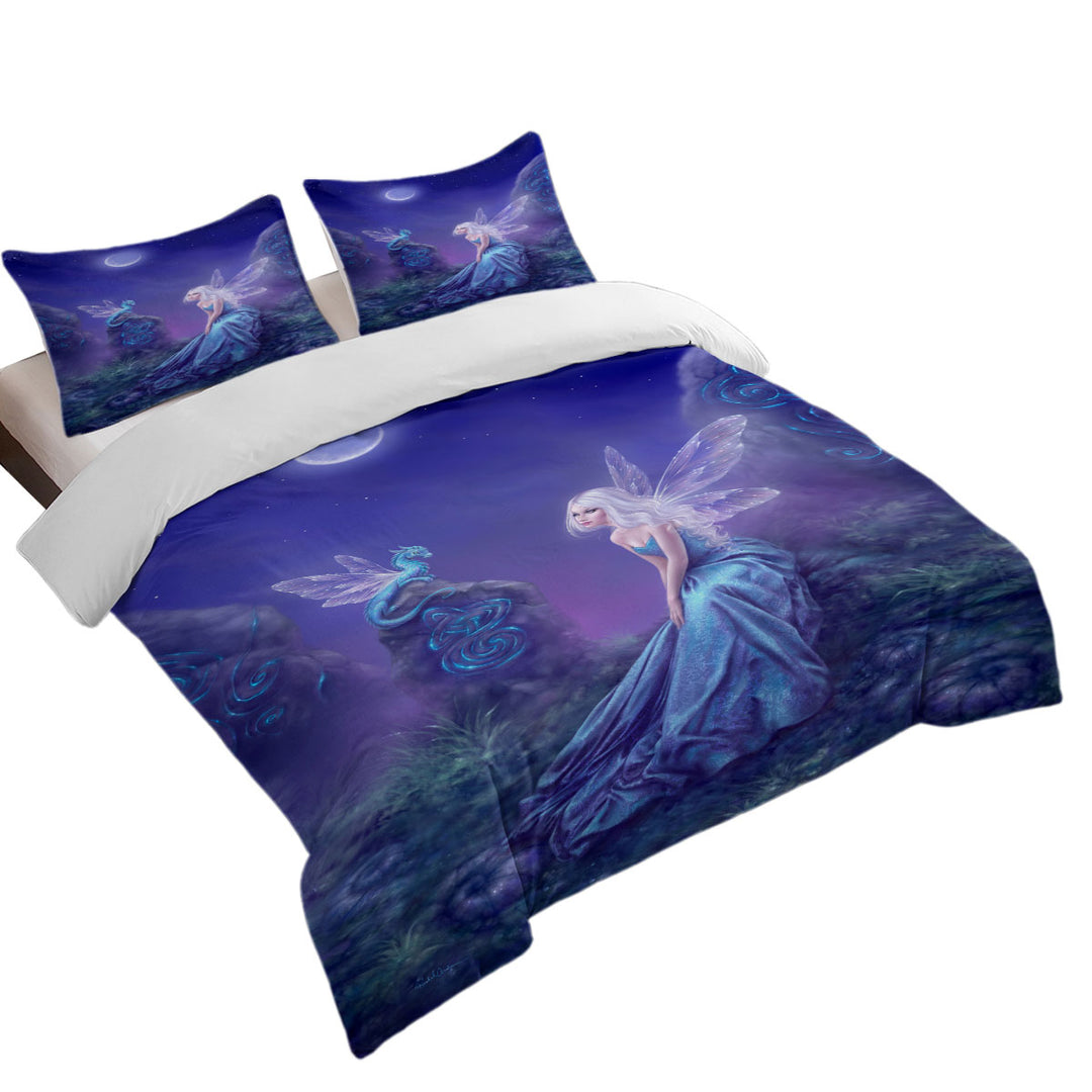 Quilt Cover with Fantasy Art the Moon Light Blue Dragon Fairy