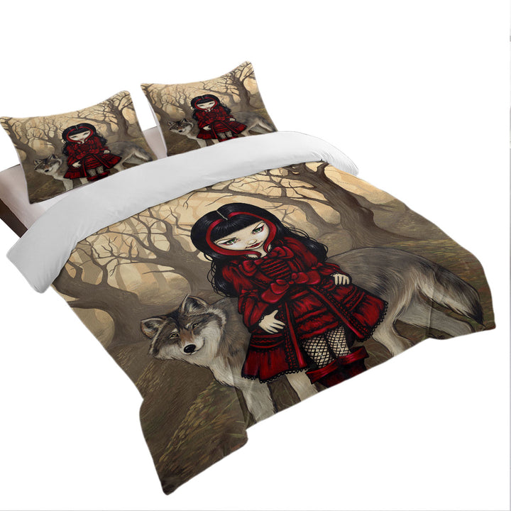 Quilt Cover with Gothic Style Wolf and Red Riding Hood in Autumn