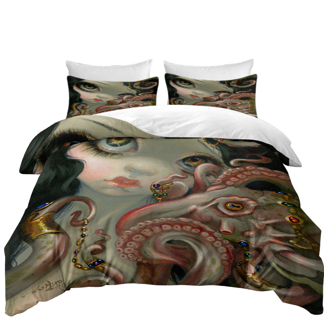 Quilt Cover with Underwater Fantasy Jeweled Octopus and Mermaid