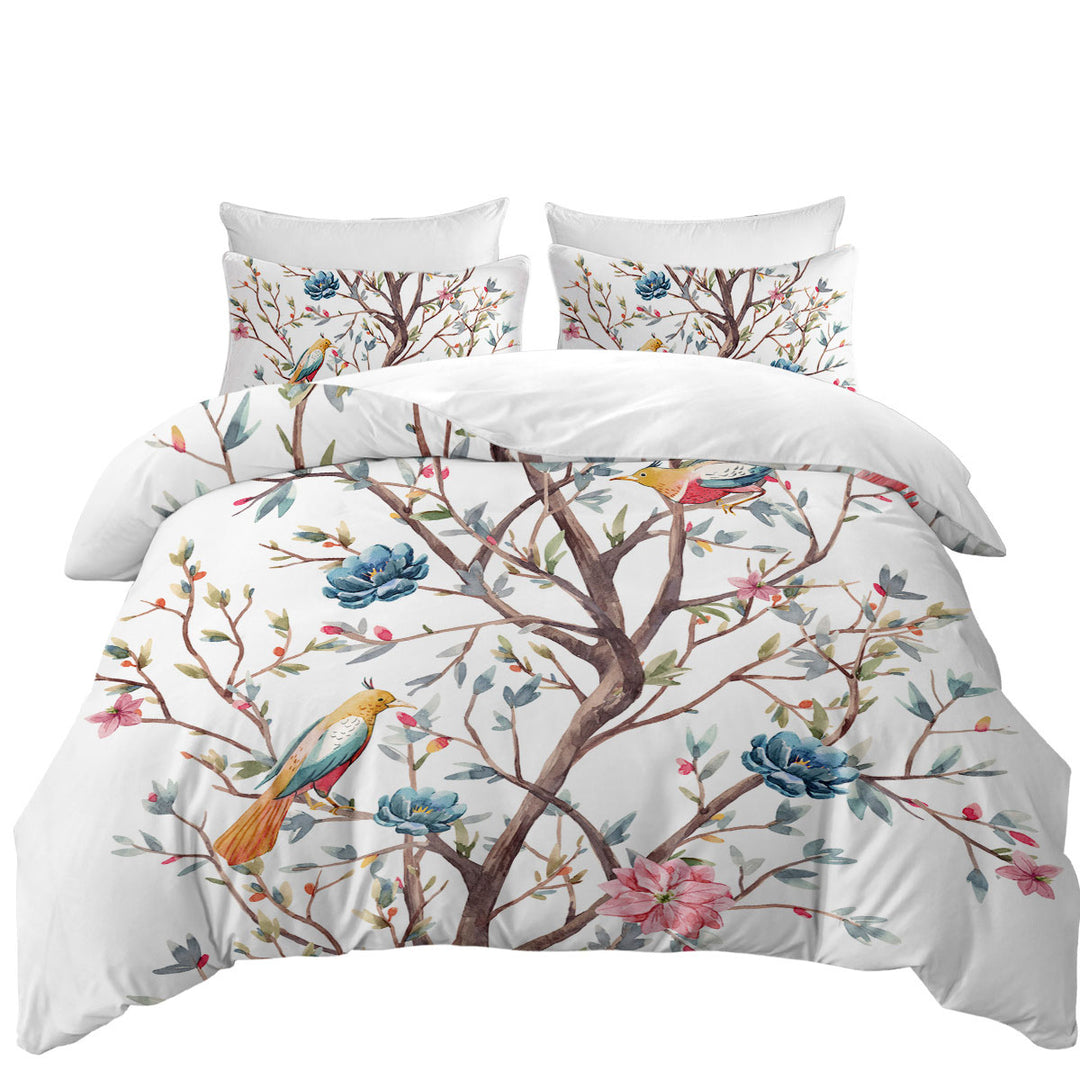 Quilt Cover with a Flowering Tree and Birds