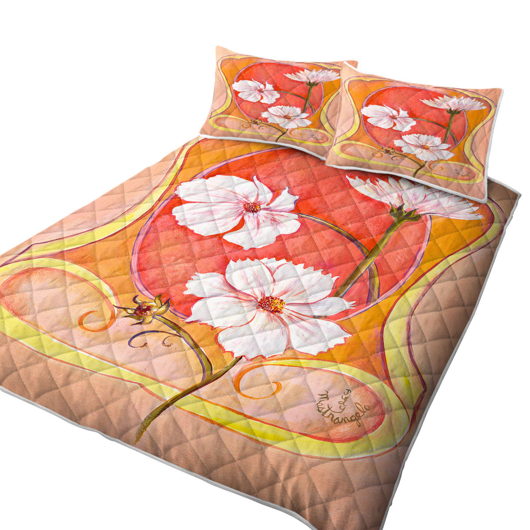 Quilt with Art Deco Cosmos White Flowers