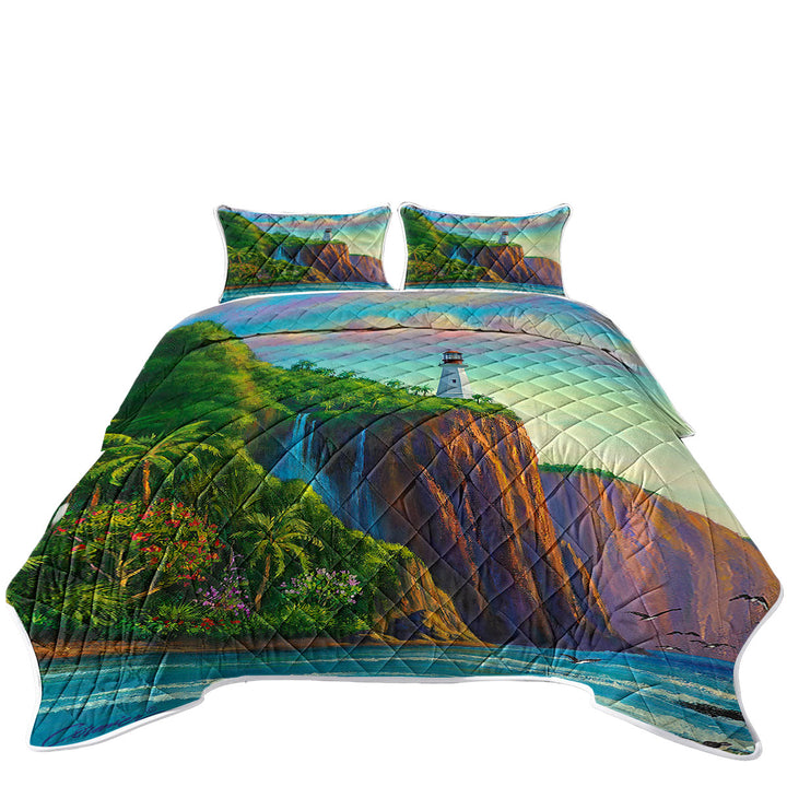 Quilt with Coastal Art Painting Paradise Lighthouse