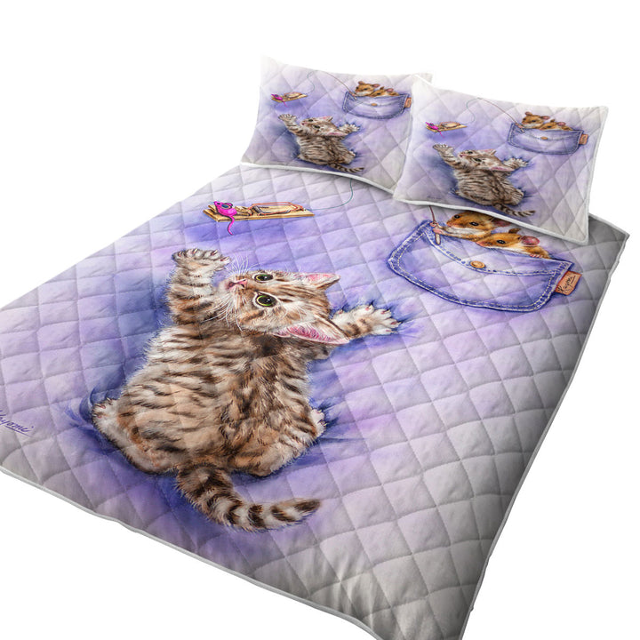 Quilt with Cute Purple Art Tabby Kitten and Mice