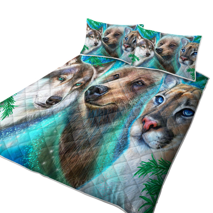 Quilt with Faces of Nature Wolf Bear Cougar