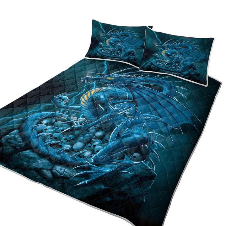 Quilt with Fantasy Art Scary Human Skulls Blue Dragon