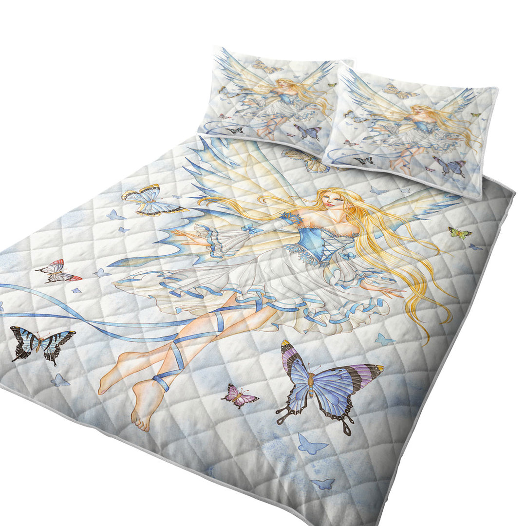 Quilt with Fantasy Art Sky Blue Fairy and Butterflies