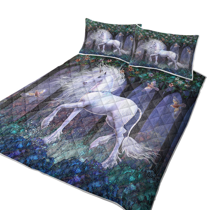 Quilt with Magical White Unicorn and Birds Sacred Grove