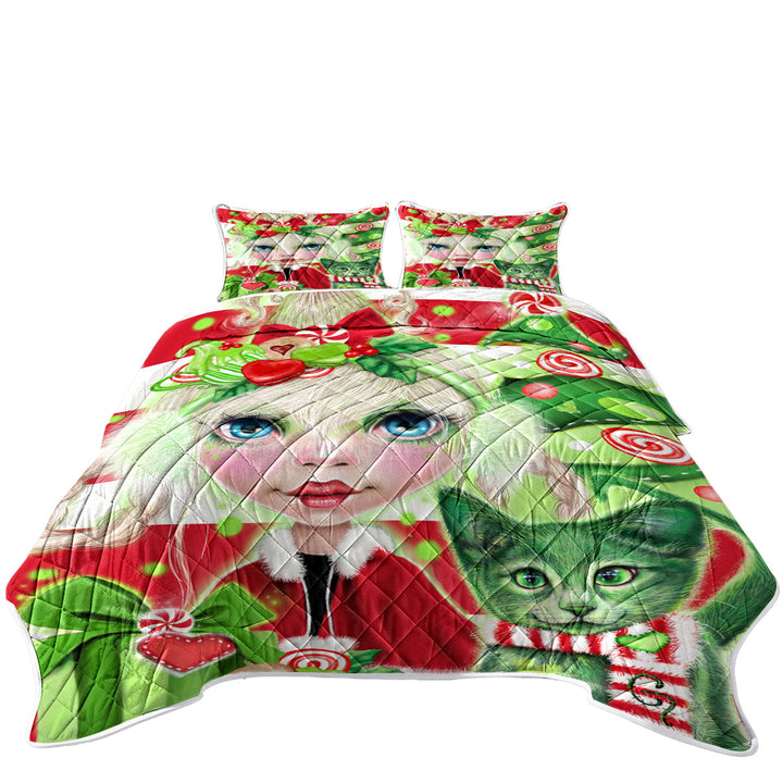 Quilt with Red Green Christmas Cindy Girl and Kitty Cat