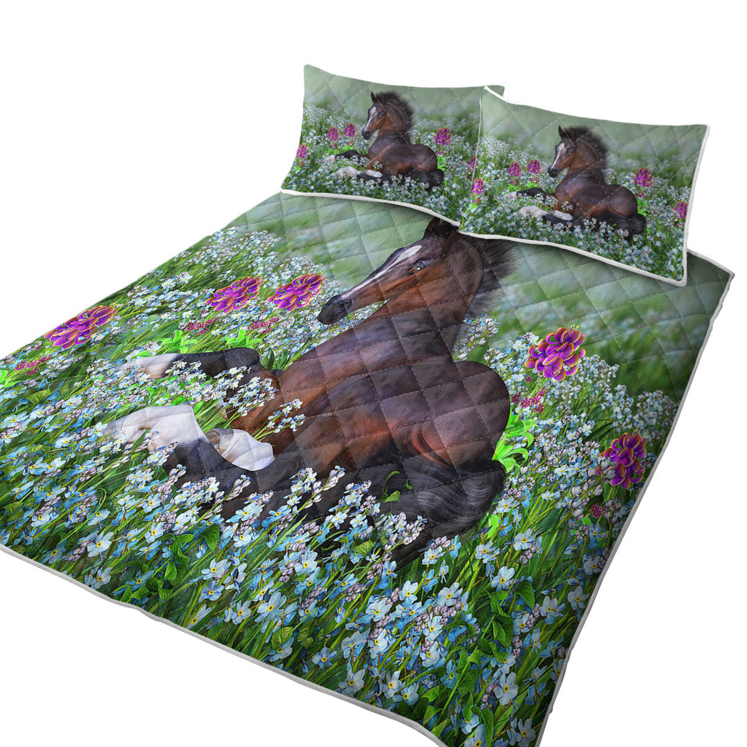 Quilt with Stunning Horse Art Foal and Flowers