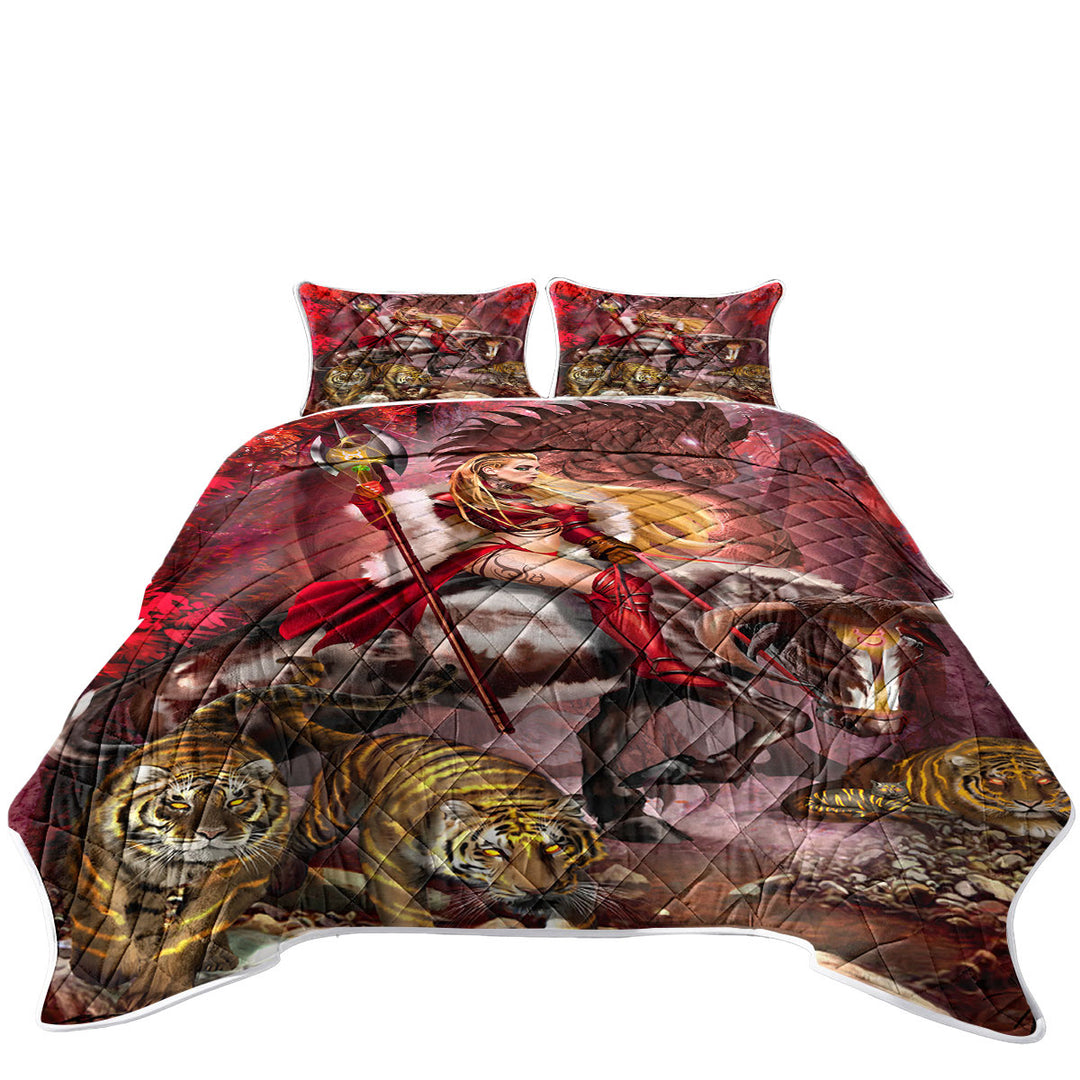 Quilt with Taurus Bull Woman Warrior Dragon and Tigers