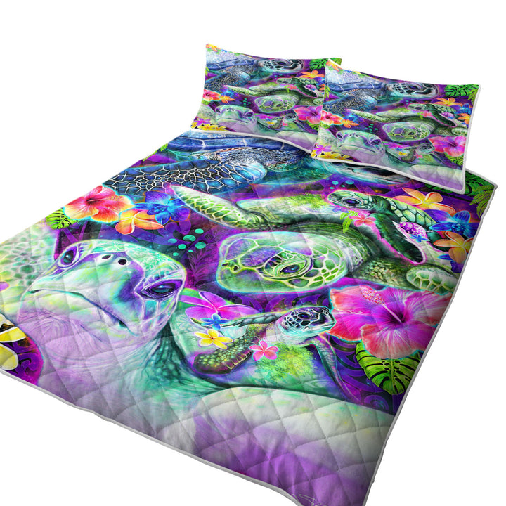 Quilt with Tropical Flowers and Day Dream Sea Turtles