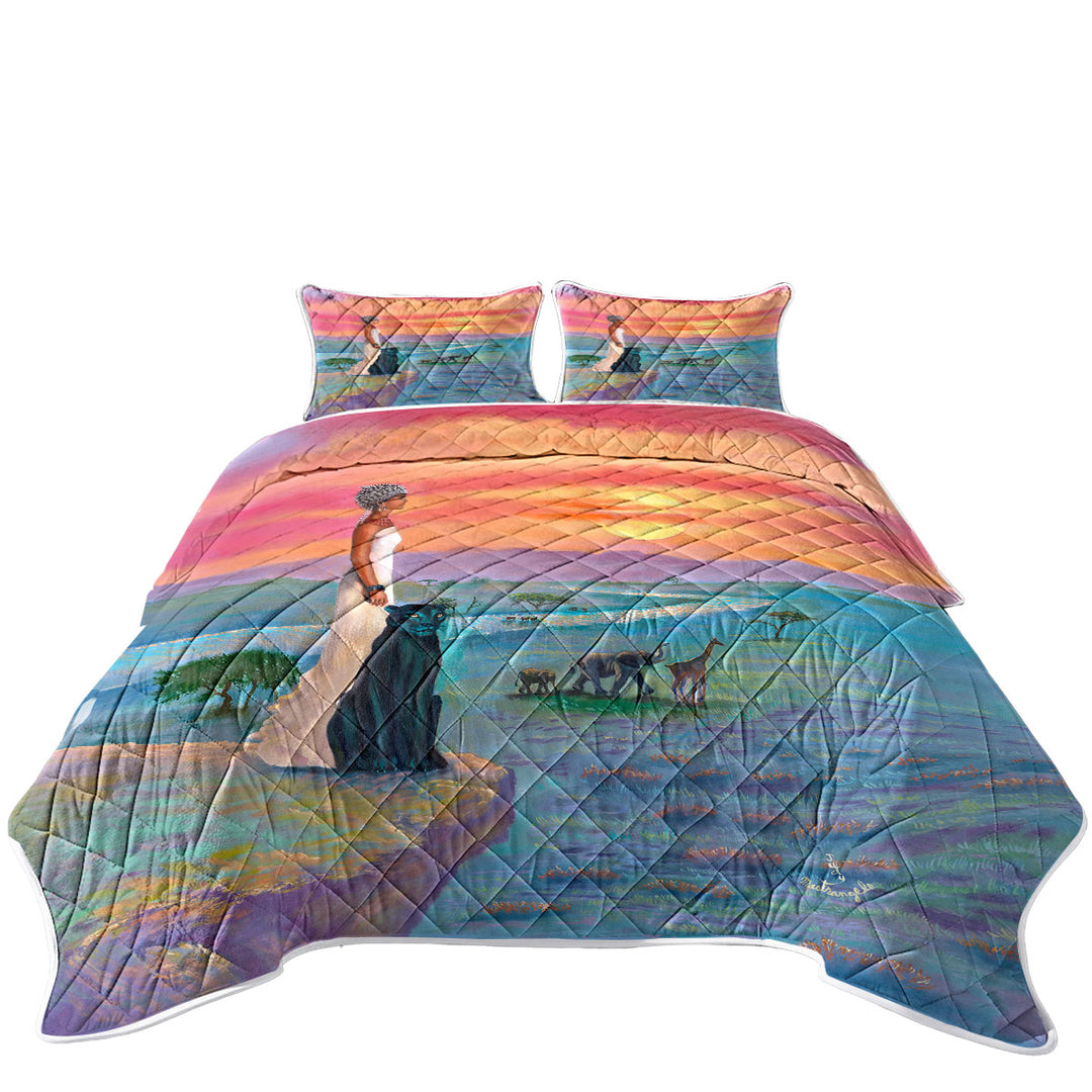 Quilts for Beds with Art Painting the landscape of Africa Animals and African Queen