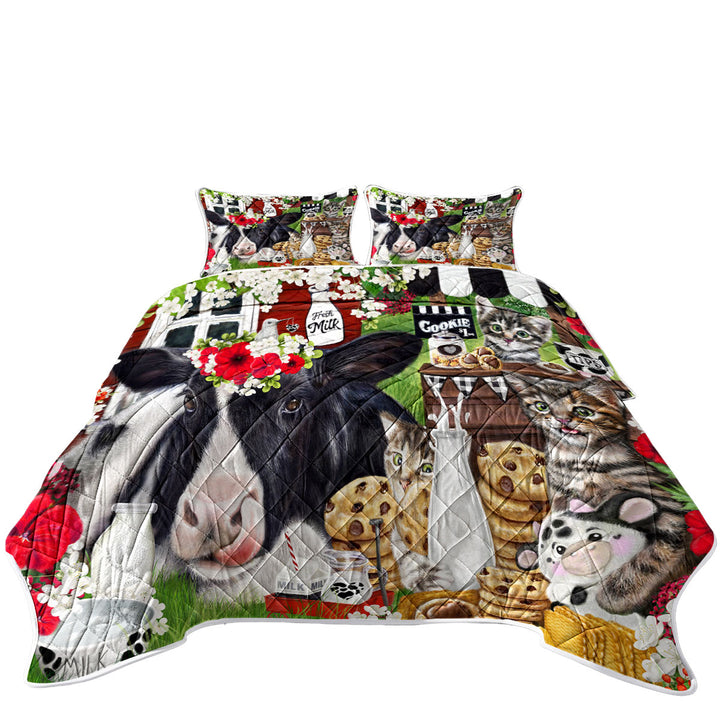 Quilts for Beds with Cute and Funny Cookies Milk Cow and Kitties