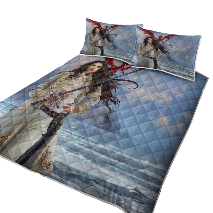 Quilts for Beds with Fantasy Art Beautiful Pirate Girl and Her Dragon