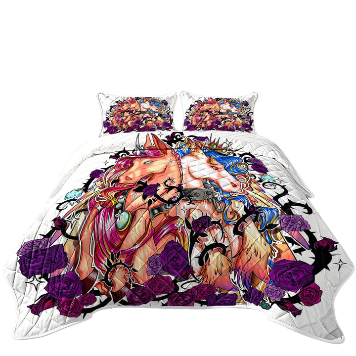 Quilts for Beds with Purple Roses and Cool Unicorns