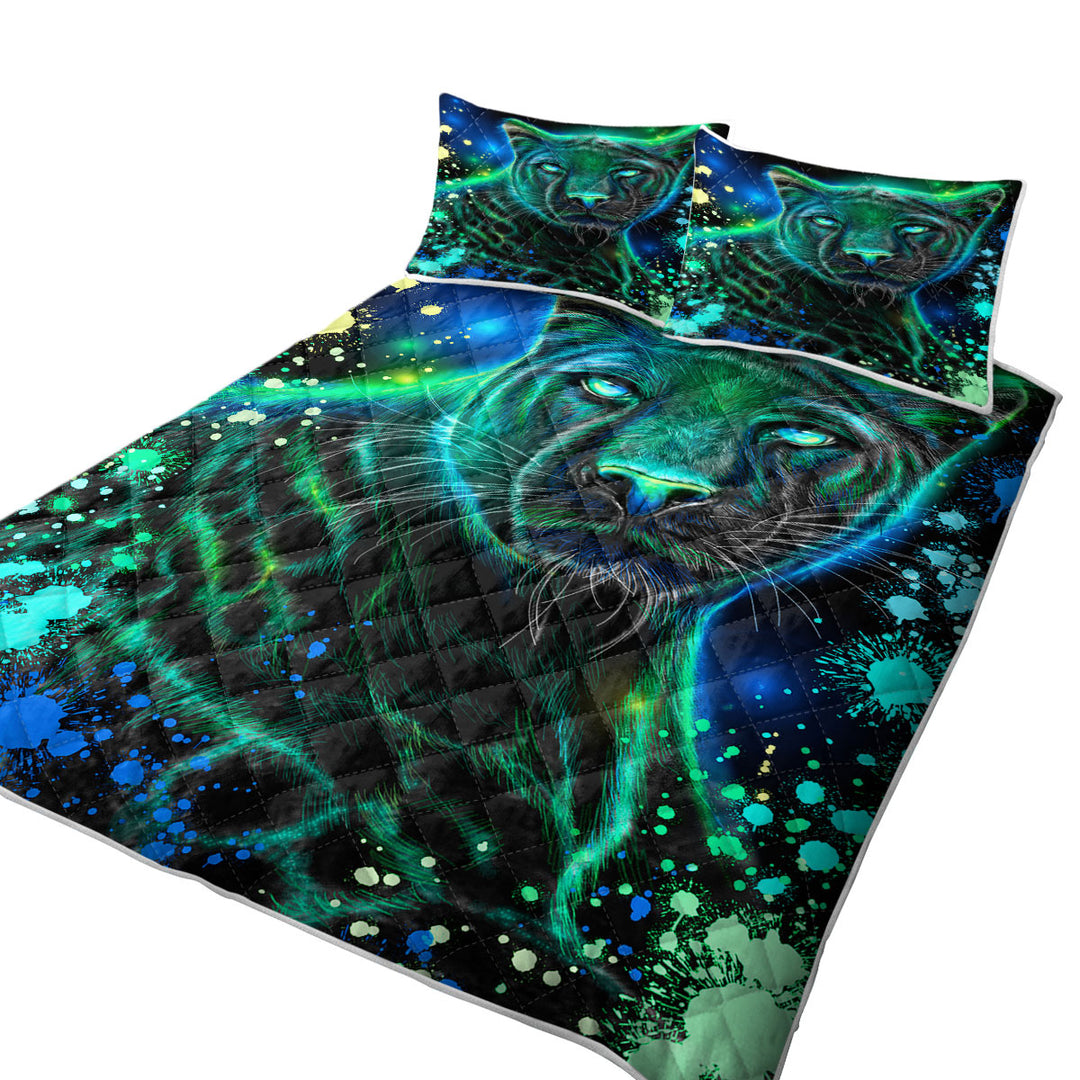 Quilts for sale with Artwork Neon Blue Green Panther