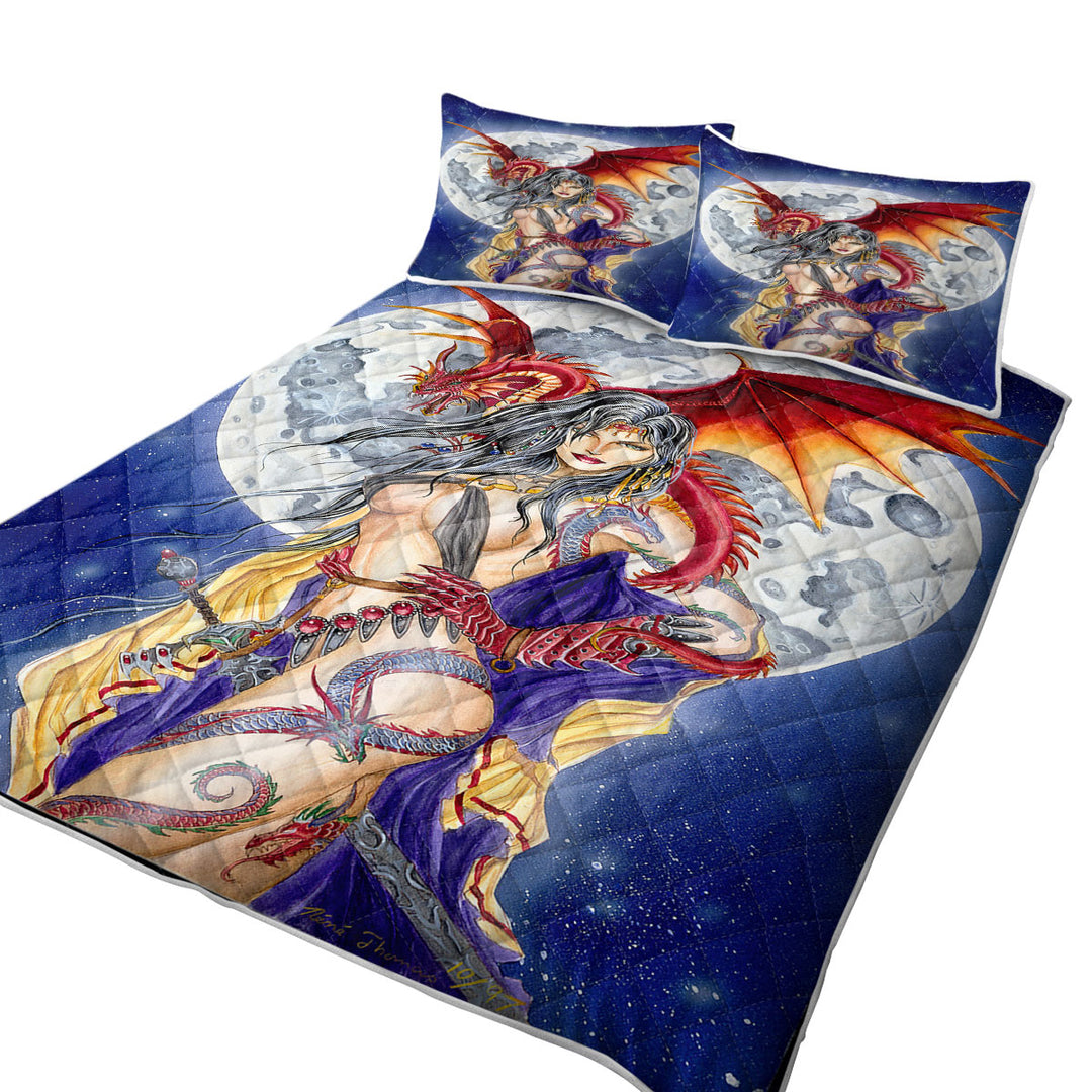 Quilts for sale with Cool Fantasy Art Sexy Warrior Lady and Her Moon Dragon