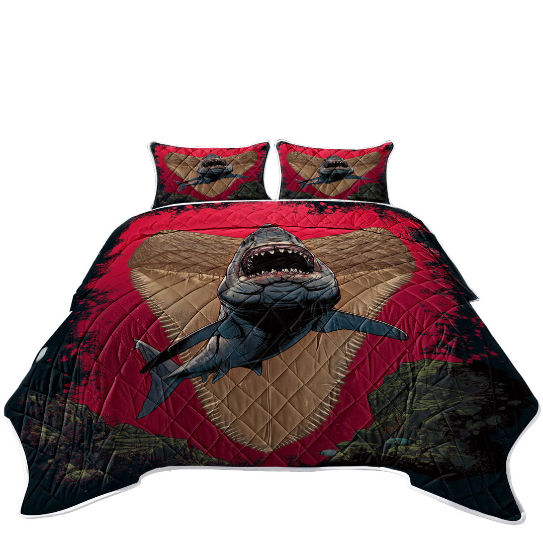 Quilts for sale with Cool Scary Marine life Art Frightening Shark