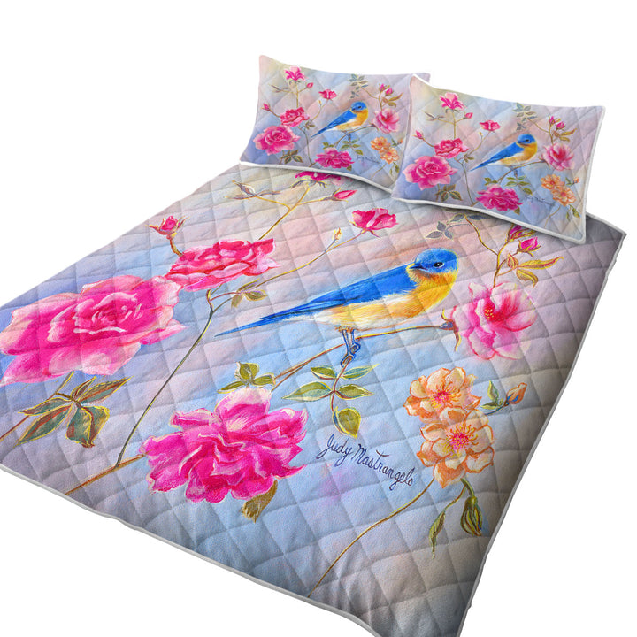 Quilts with Art Painting Blue Bird in Roses