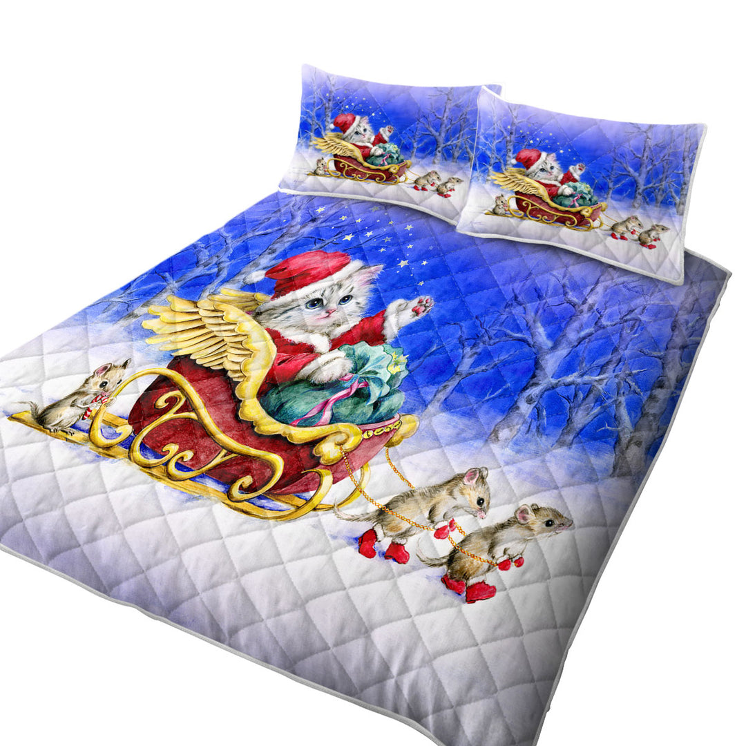 Quilts with Christmas Cat Kitten Santa with Mice Friends