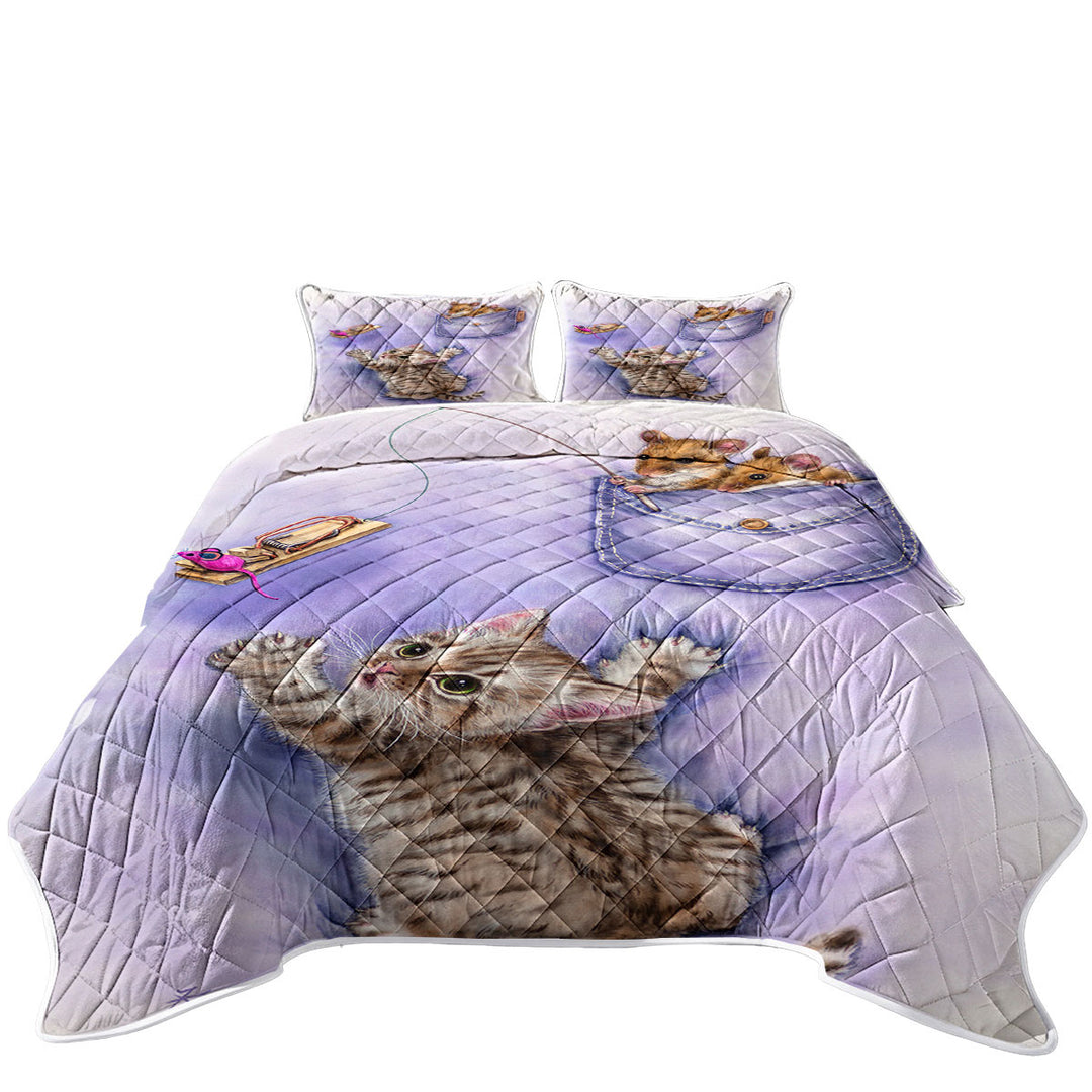 Quilts with Cute Purple Art Tabby Kitten and Mice