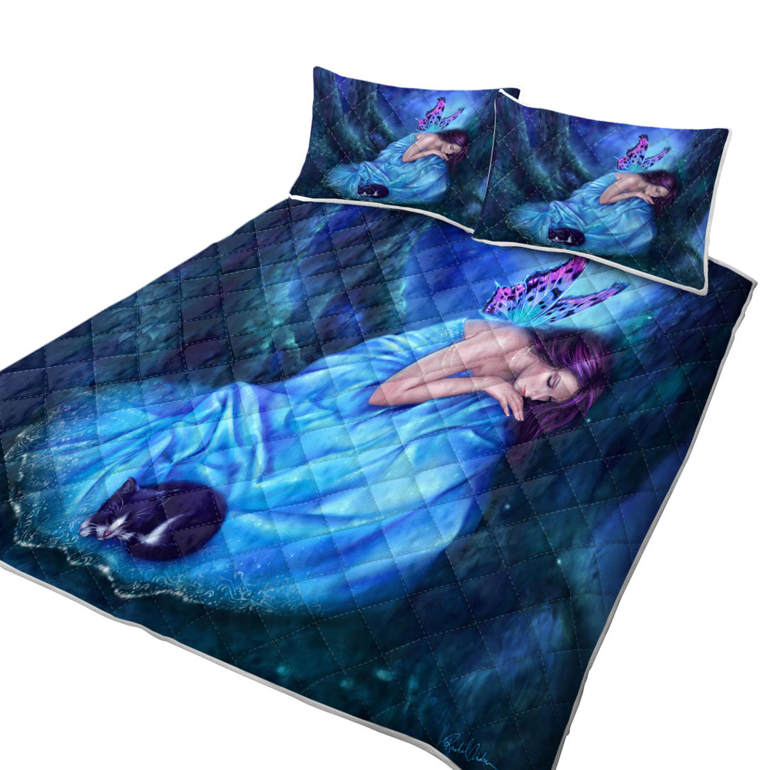 Quilts with Fantasy Artwork Serenity Sleeping Cat and Butterfly Girl