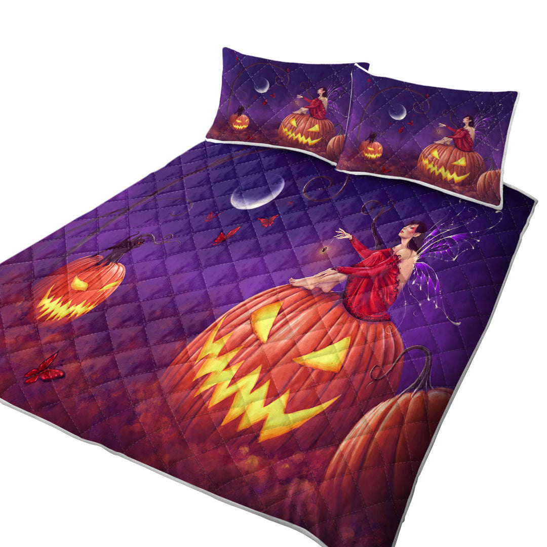 Quilts with Fantasy Halloween Witch Fairy and Scary Pumpkins