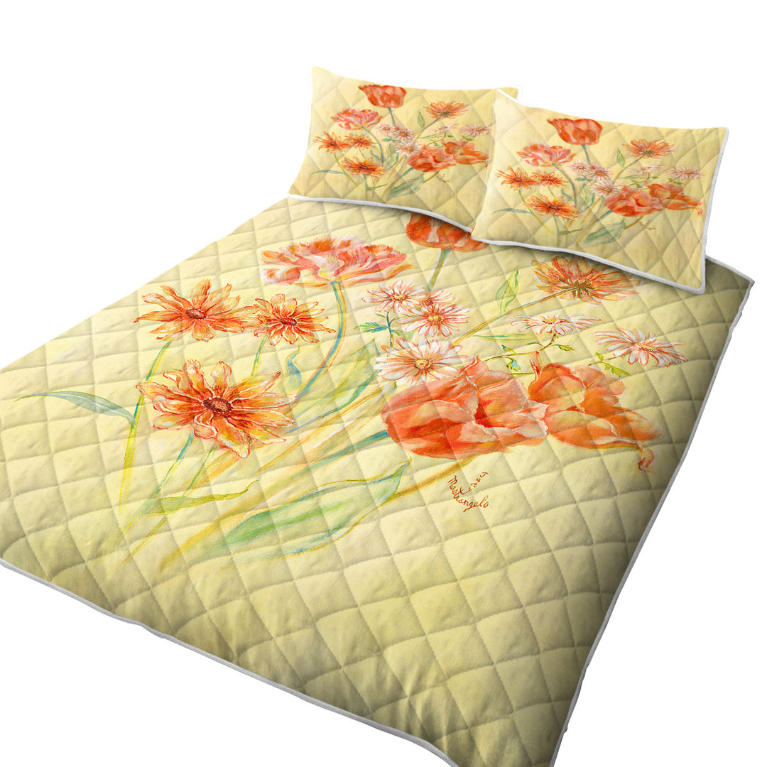 Quilts with Floral Art Painting Tulips and Daisies Flowers