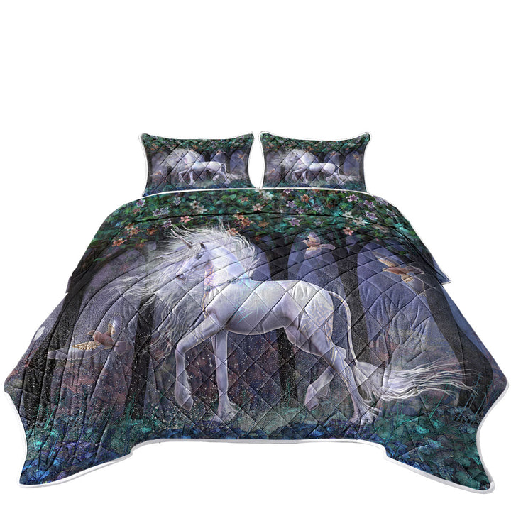 Quilts with Magical White Unicorn and Birds Sacred Grove