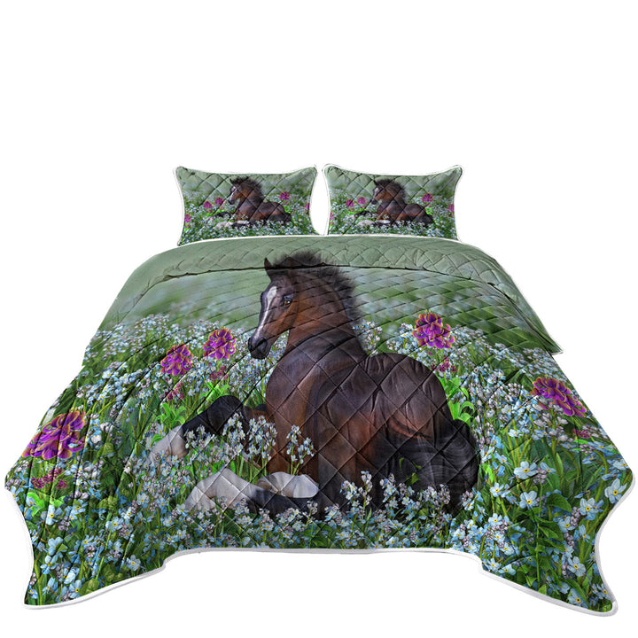 Quilts with Stunning Horse Art Foal and Flowers